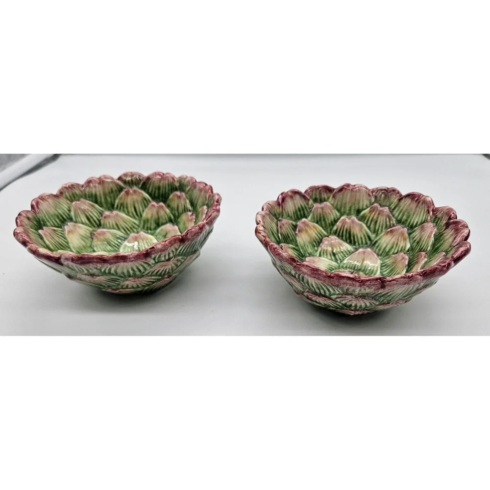 Fitz & Floyd 1991 Artichoke Bowls Set of 2 Green Purple Ceramic Botanical Decor